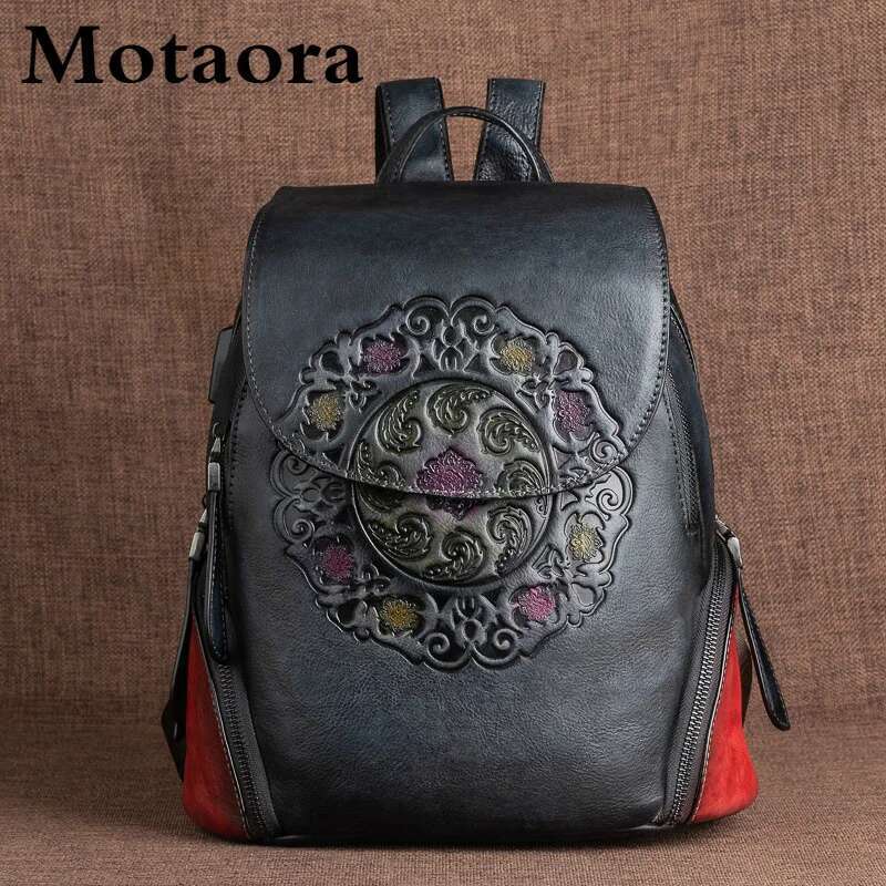 MOTAORA Fashion Retro Genuine Leather Backpacks For Women New Handmade Emed Vintage Bag China Style Backpack Ladies