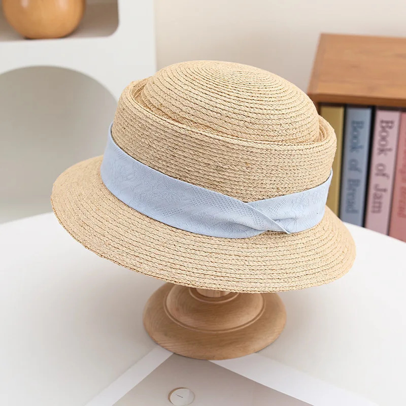 South Korea light high-end thin raffia grass concave top small hat 2025 French flat top curling holiday sun hat 250320