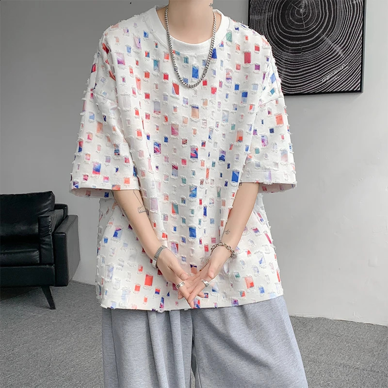 Summer cotton short sleeved Tshirt mens colorful checkered streetwear Korean loose hollow plus size 5XL 250318