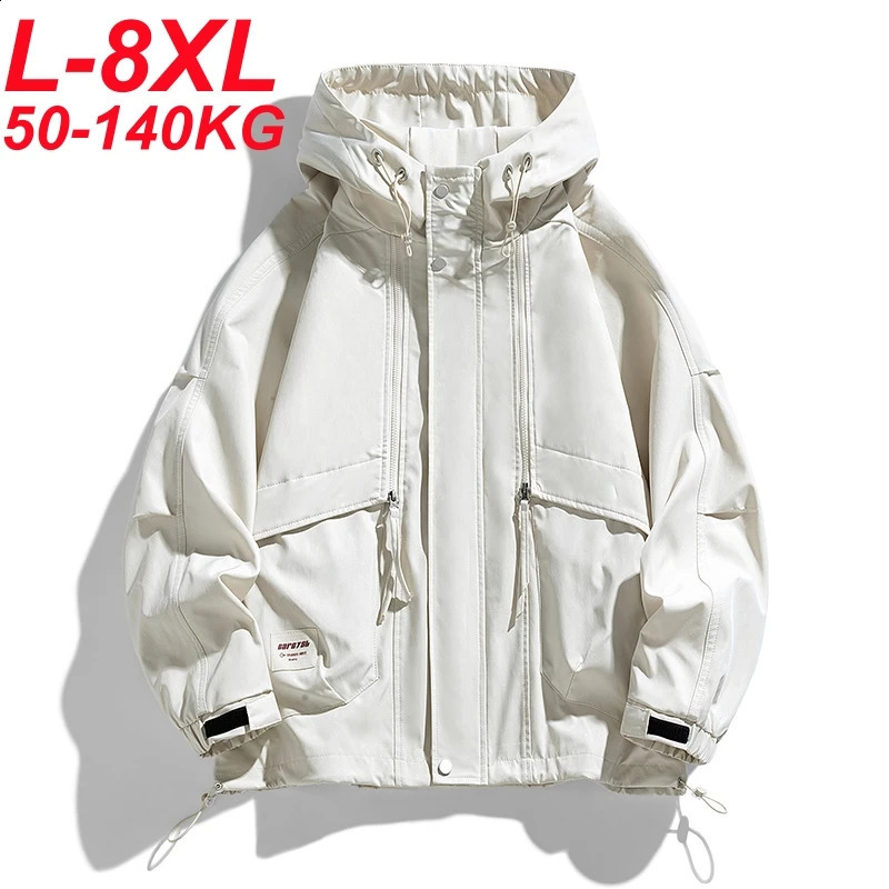 Oversized mens jacket windproof groove 6XL 7XL 8XL Plus size hooded waterproof black camping bomber loose thin soft shell 250317