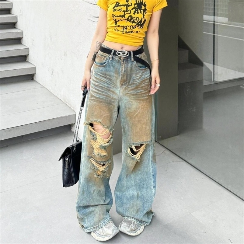 Fashion vintage old yellow mud dirty dyed ripped jeans for women summer casual versatile style wide-leg pants 250319
