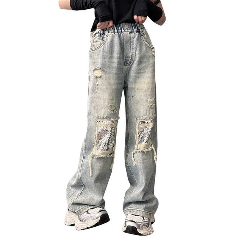 Girls bright jeans fashion 2024 new childrens wide leg pants style spring and autumn ripped pants for ages 6-15T250326