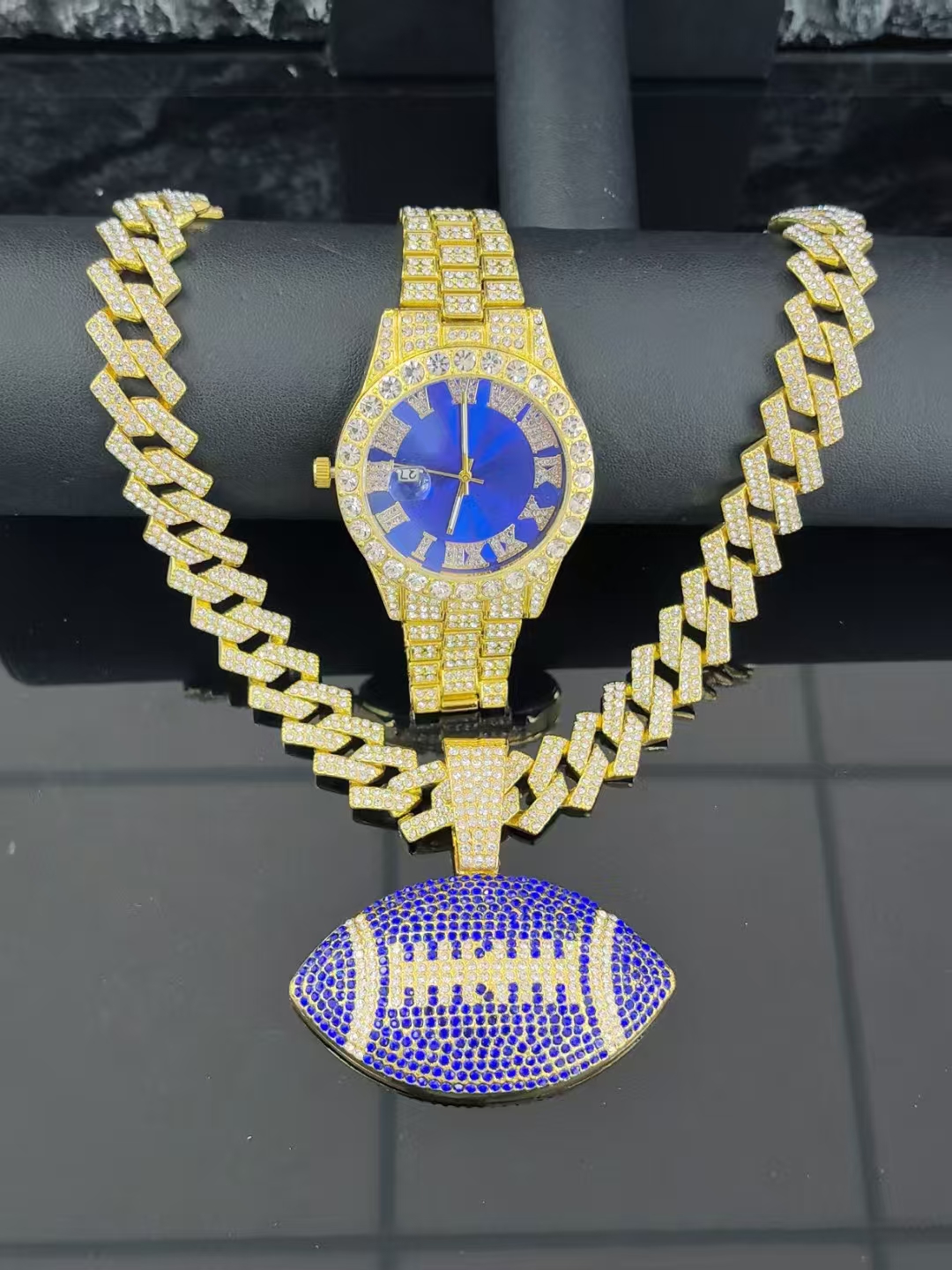 New explosive men Moissanite Cuban necklace fashion jewelry set, hipster men nightclub Cuban chain