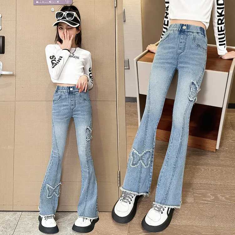 Fashion Girl Flare Jeans for Kids 4 6 9 12 14 Years Trouser Teenage Spring Fall Childrens Jeans Denim TasselT250326