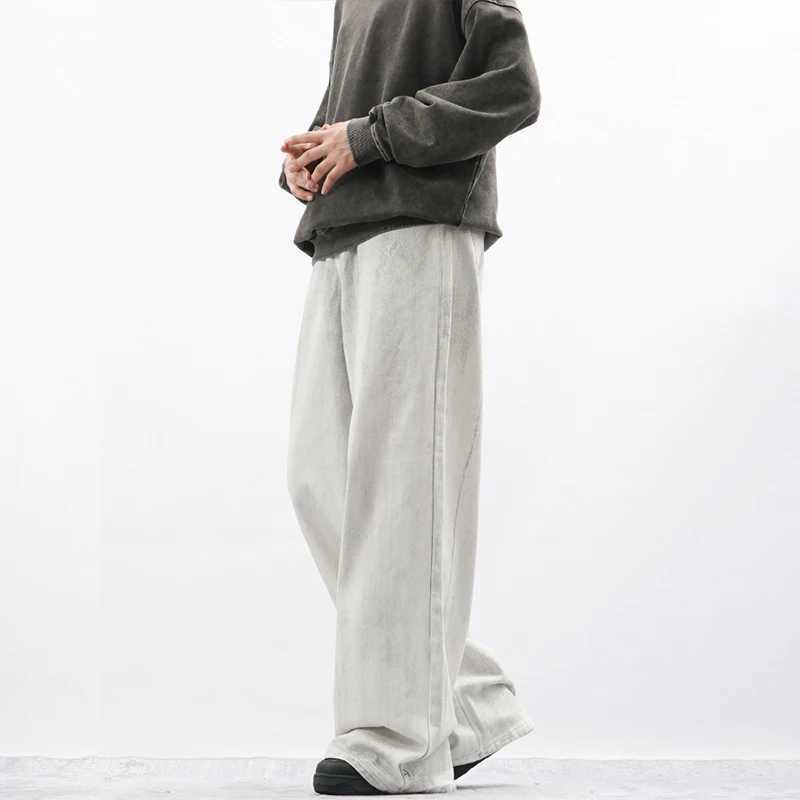 New Men Loose Daily Draping Wide Leg Jeans Male Vintage Design Wash White Denim Pants Fashion Streetwear Casual Denim TrousersT250319