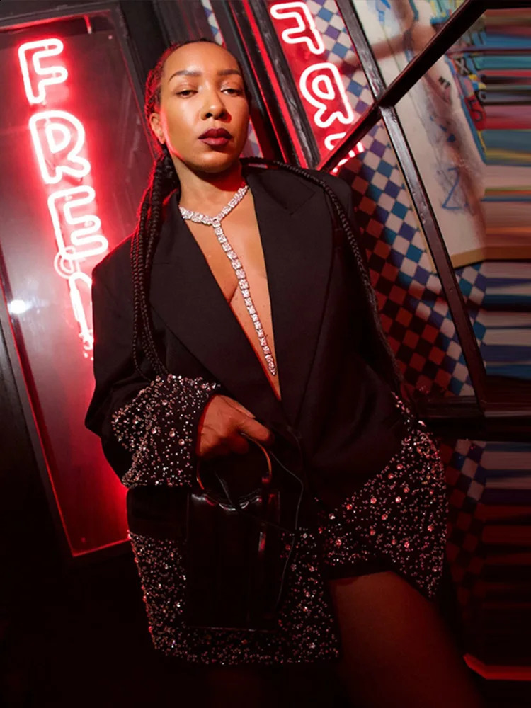 Elegant Rhinestone Jacket Sets Women Shinny Black Lapel Long Sleeve Button Jackets Mini High Waist Shorts Fashion Party Outwear 250318