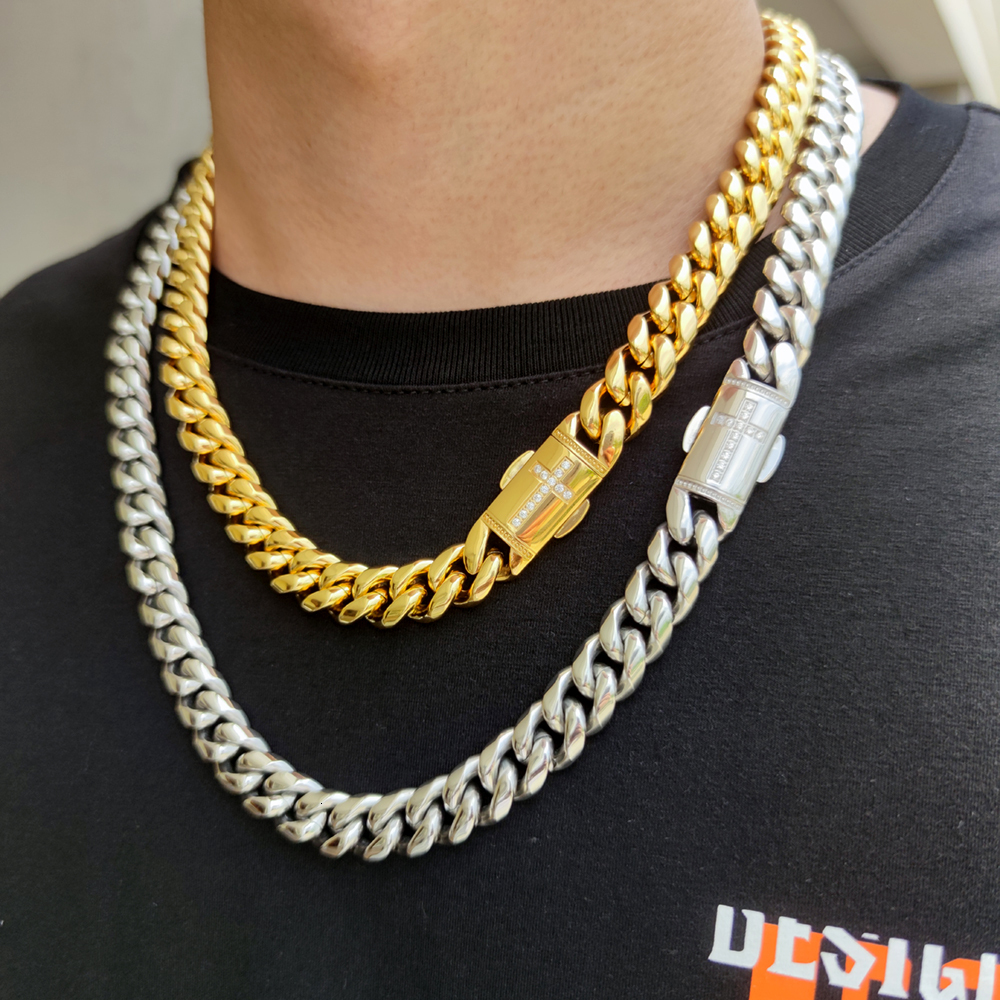 NUOYA Hiphop Gold Necklace Iced Clasp Cuban Link Chain Stainless Steel 18K Gold Plated Jewelry Necklace
