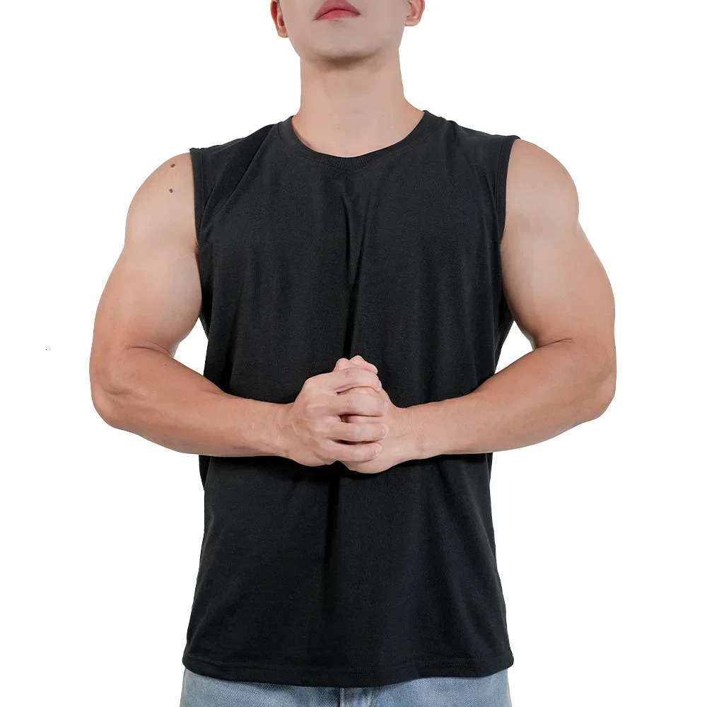 2025 Men Muscle Vest Sportwear Running Sports Cotton Sleeveless T Shirt O-neck Plain Tank Top Bodybuilding Fitness Clothing 250320