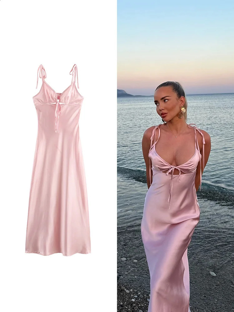 TRAF Womens Pink Hollow Satin Dress No Back Sexy Party Evening Dress Temperature Elegant Fashion Long Dress 250314