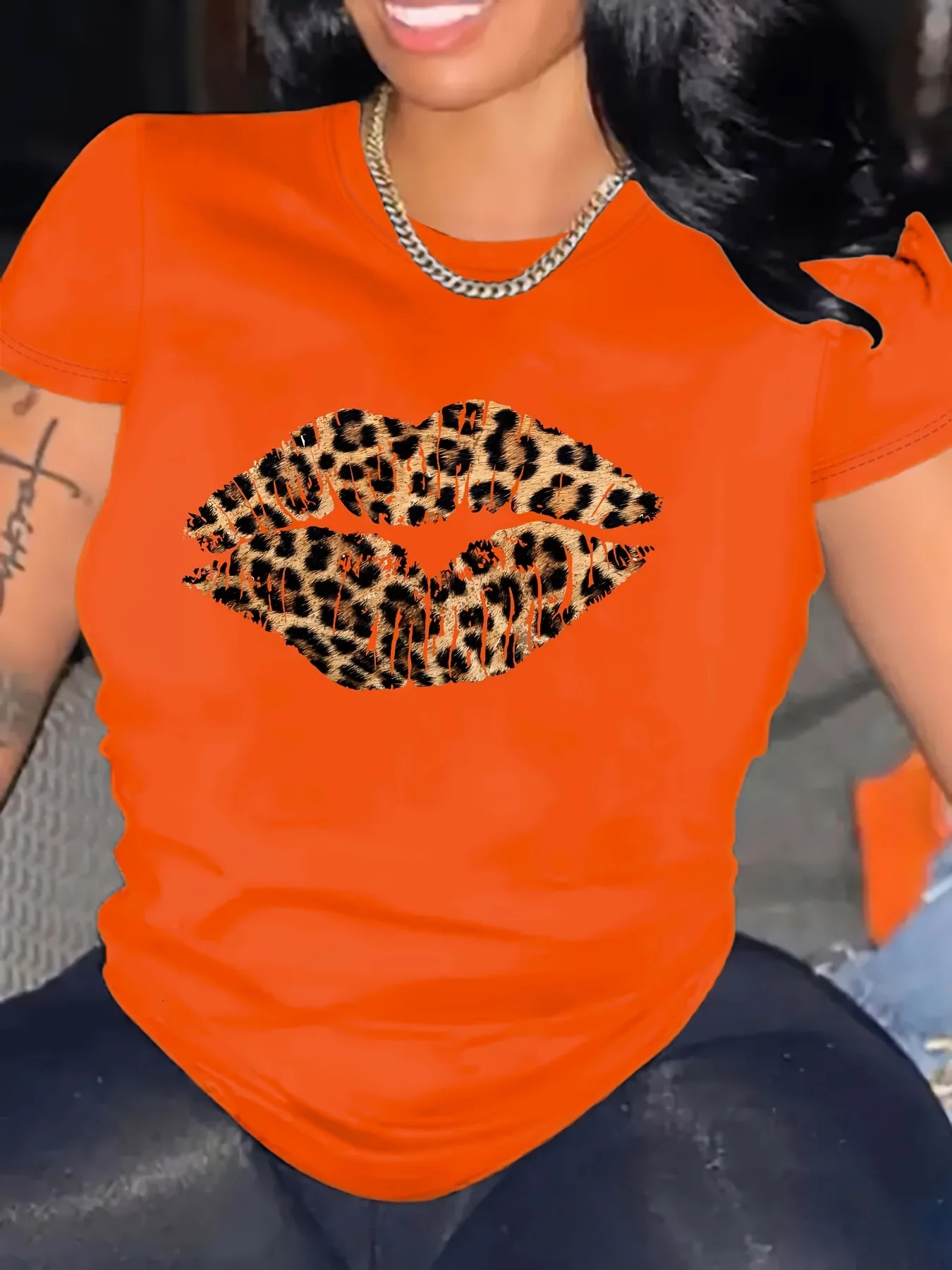 Summer womens leopard print lip print casual plus round neck short sleeved comfortable breathable T-shirt top 250320