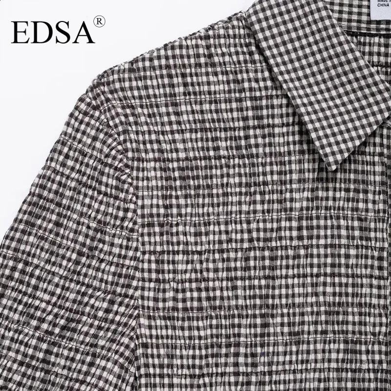 EDSA Womens Cutting Ginkgo Blouse Short Sleeve Ruffle Decorative Button Front Casual Collar Top 250319