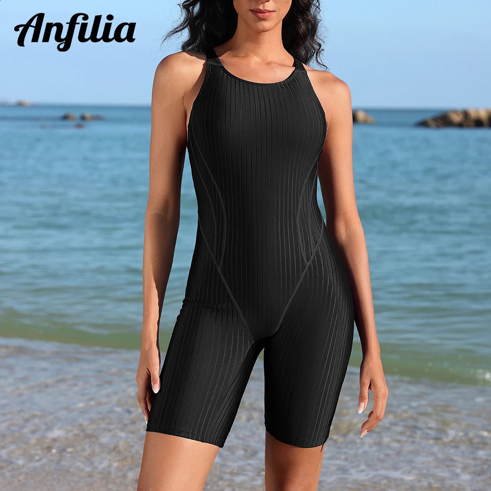 Anfilia womens onepiece sports swimsuit solid Uneck high elasticity racing boy leg professional training 250312
