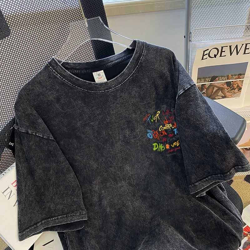 American style retro color letter printed womens T-shirt 2024 new summer trend washed black top Harajuku handsome street T-shirtT250320
