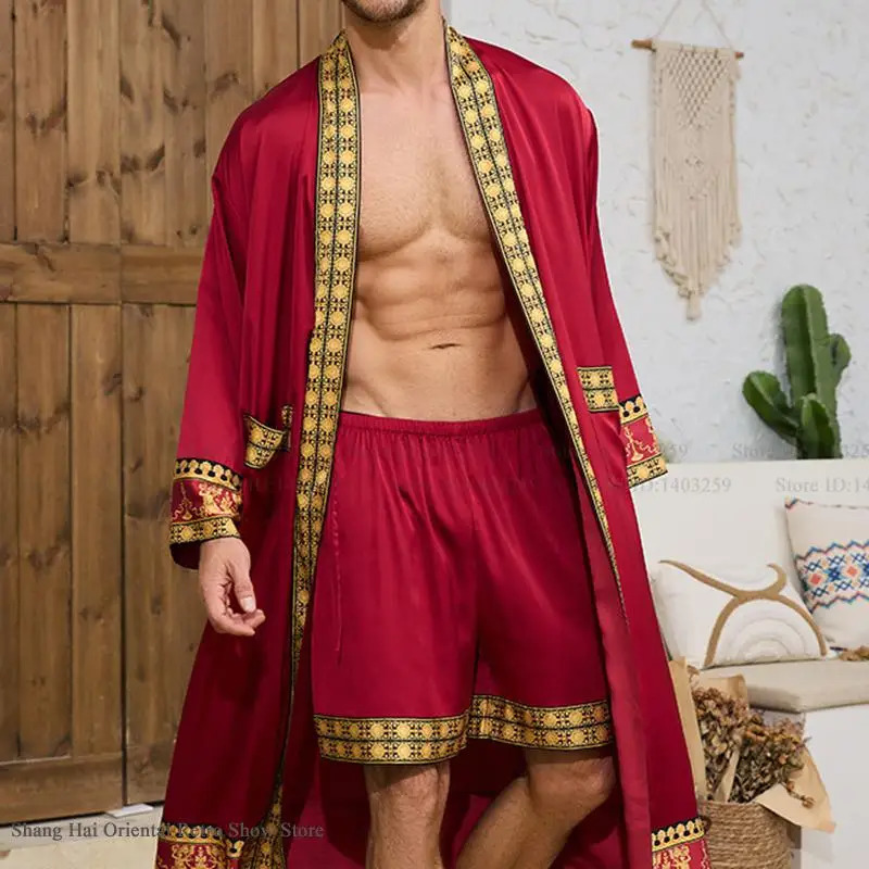 Spring mens long robes kimono bathroom gowns Baroque style silk satin pajamas home clothing loose casual sleepwear pajamas 250320