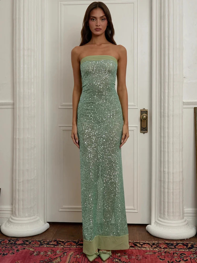 Mozision sequined strapless high splicing sexy Maxi dress for women elegant shoulder sleeves backless sparkling floor length 250317