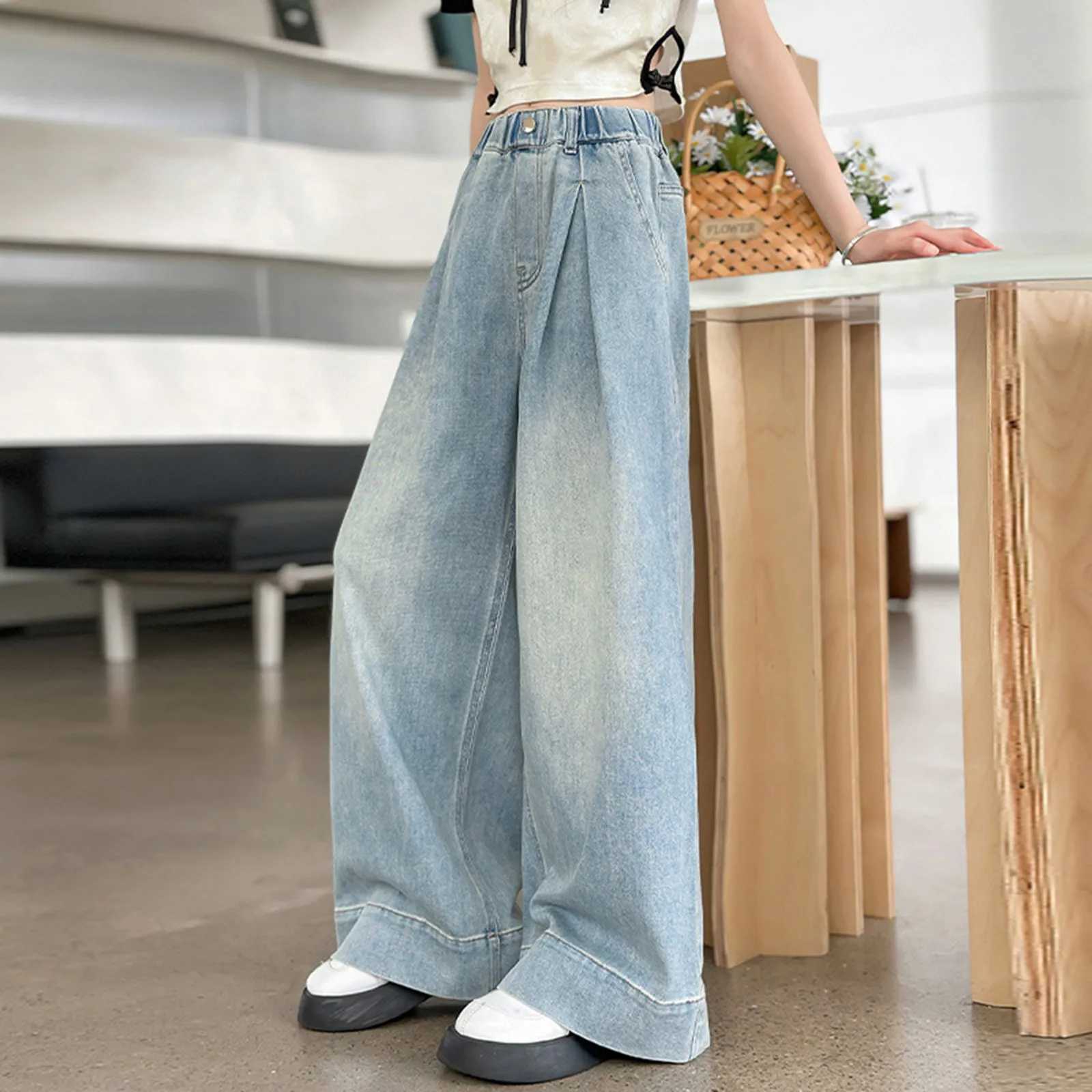 Girls Fashion Jeans Vintage Style Elastic Waist Loose Straight Wide Legs Denim With Pockets Spring Summer Outfits Girl TrouserT250326