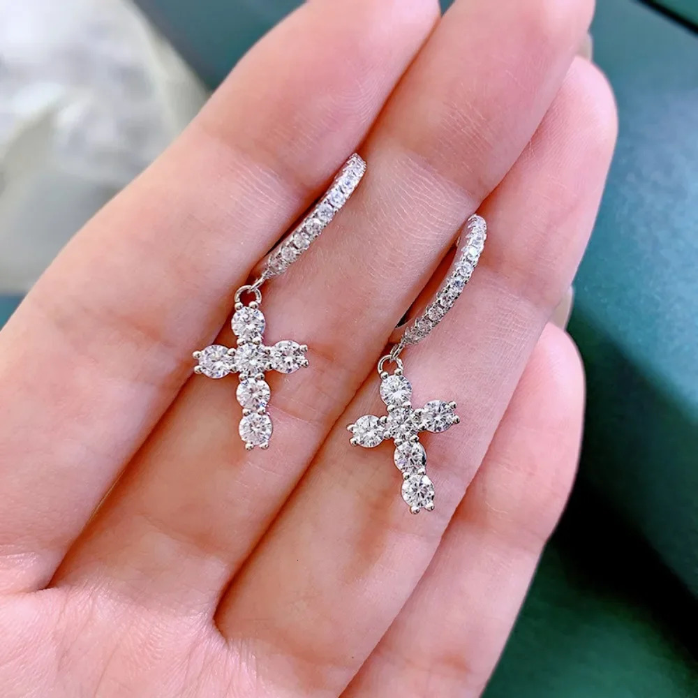 FEOBUR Full Moissanite Cross Drop Earrings for Women 100% 925 Sterling Sliver Lab Diamond Dangle Earrings Men Hiphop Jewelry
