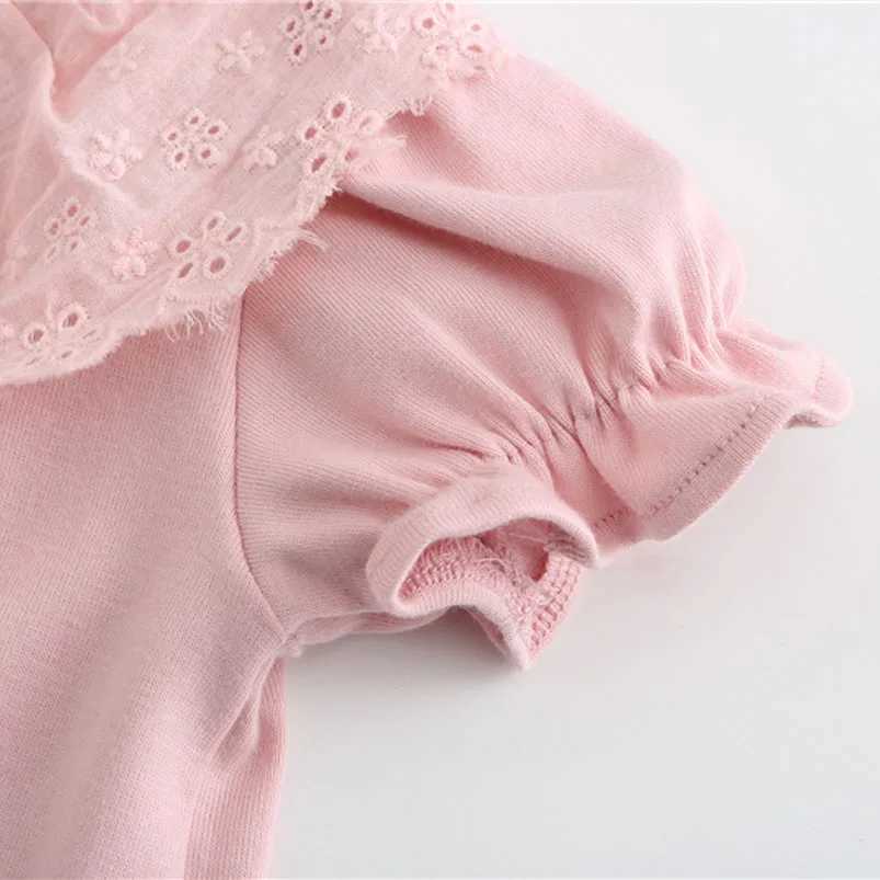 Kids White Shirts For Baby Girl Short Sleeve Ruffle Doll Collar Girls Blouses Summer Children School Clothes Toddler Lace ShirtT250320