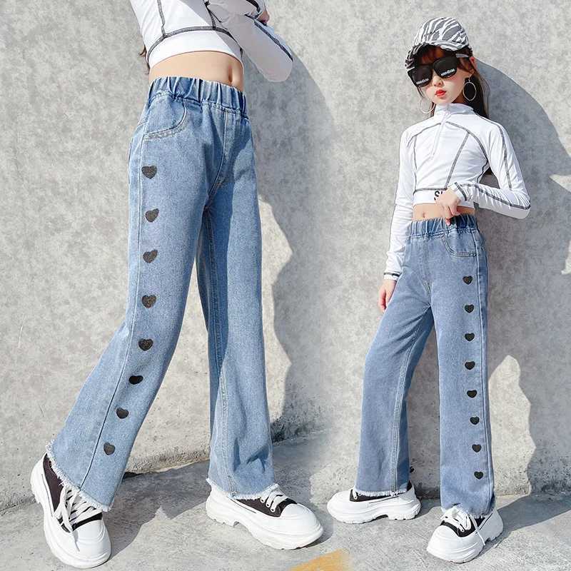 Spring Autumn Girls Jeans for Teen Children Heart Print Jeans Loose Wide Leg Pants Kids Denim Trousers for Girls 6 8 10 12 YrsT250326