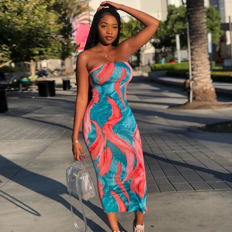 Spring/Summer Womens Colorful Tie Dye Print Off Shoulder Wrapped Chest Dress 250319