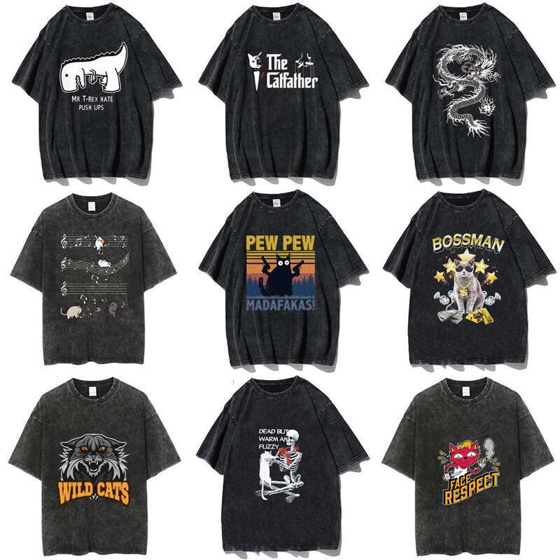 American washed vintage short sleeved t-shirt cute cat trendy brand high street hip-hop couple top outfit