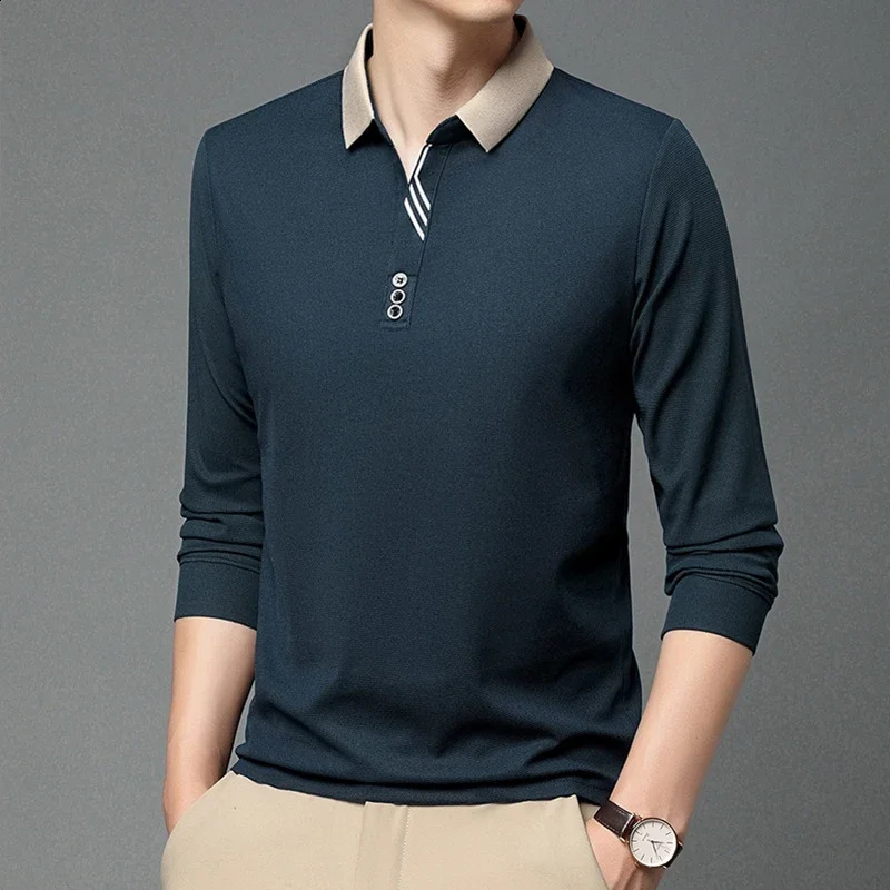 Mens business casual long sleeved solid color polo shirt fashionable breathable and comfortable Versatile top 250318
