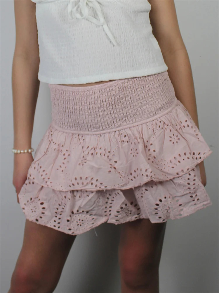 CHRONSTYLE Women Lace Short Mini Skirts Elastic High Waist Layered Ruffles Hollow Out Skirts Summer Party Club Streetwear 250320
