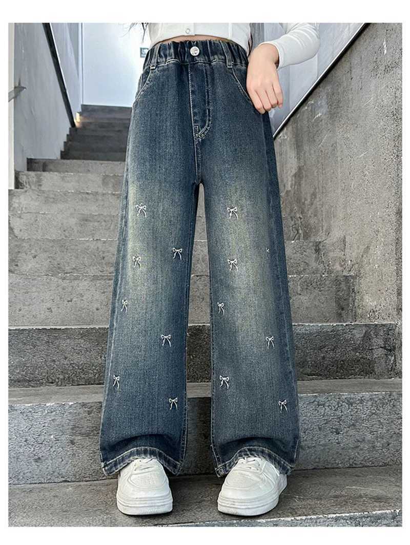 Girls Bow Jeans Spring Childrens Elastic Straight Jeans Autumn Youth Bow Printed Wide Leg Trouser Fashion Elastic PantsT2502320
