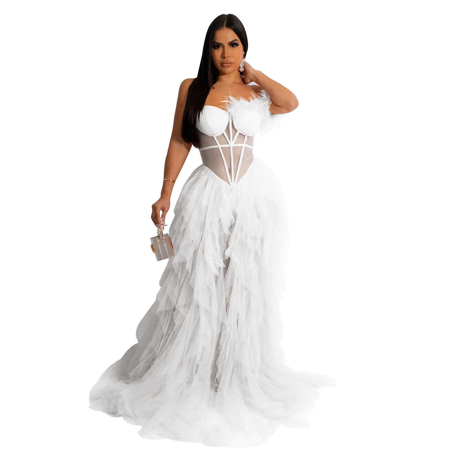 Fashion Women's Solid Sleeveless Wrapped Chest Mesh Long Dress 250315