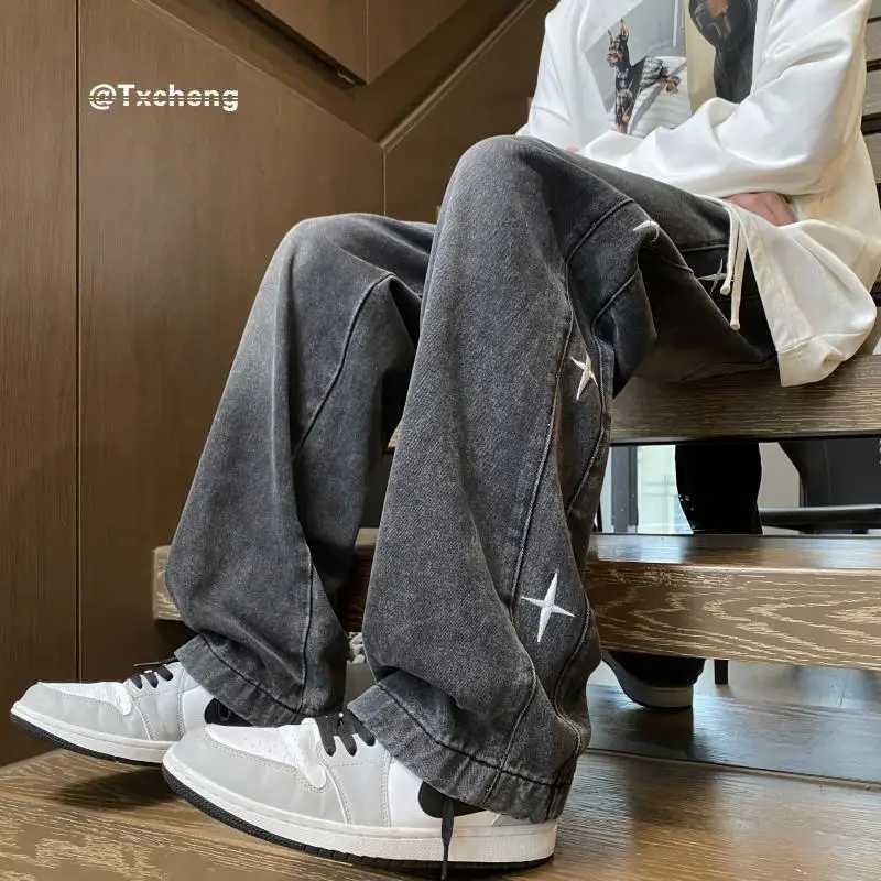 2024 American retro male and female trend star shaped graphic design straight leg jeans loose hip-hop wide leg casual pants Y2KT250319
