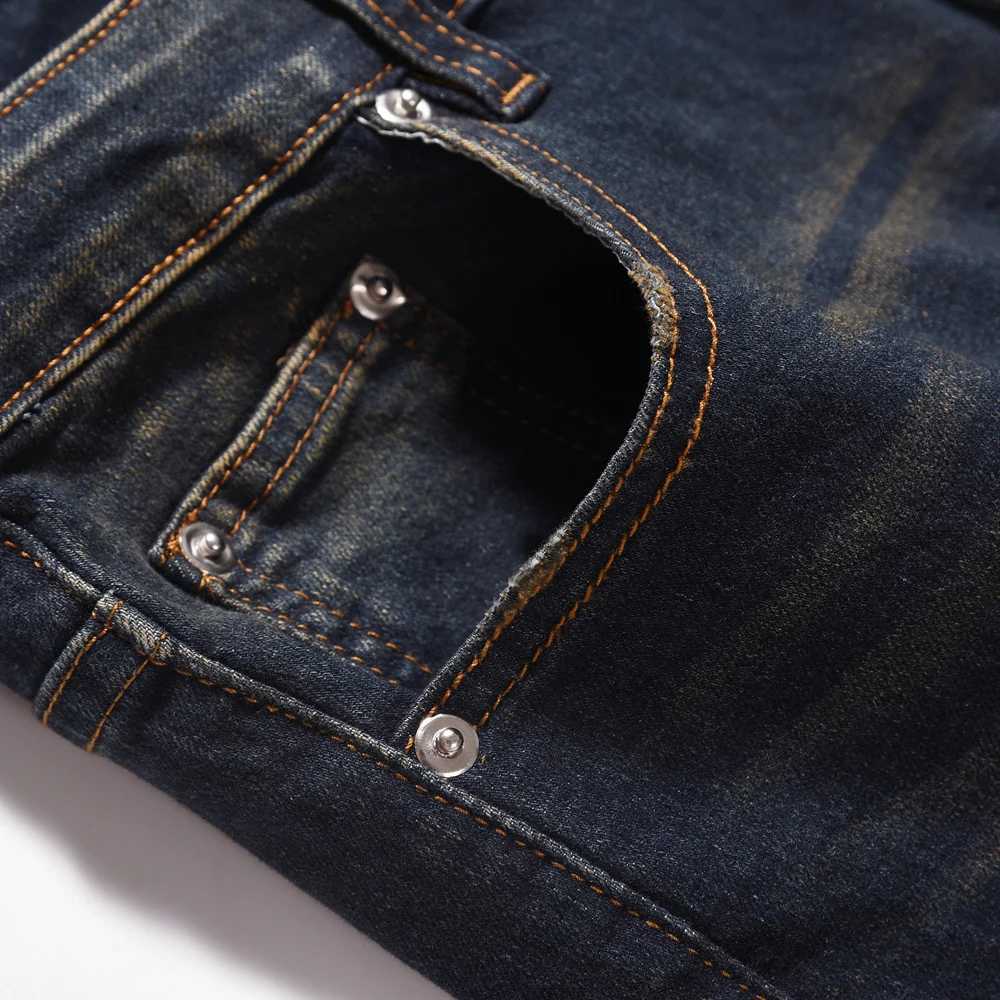 Mens jeans vintage straight leg streetwear Y2k fashionable mens clothing Stacked Street Blue Distressed cool ultra-thin denim pantsT250319