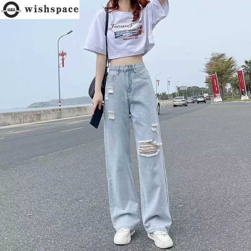 Perforated high waisted jeans for womens spring and summer thin straight tube loose 2022 new casual thin wide leg pantsT250326