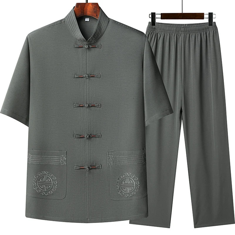 Tang style toppants mens fashionable business collar ed round buckle Chinese checkered dress Hanfu Taiji suit 250317