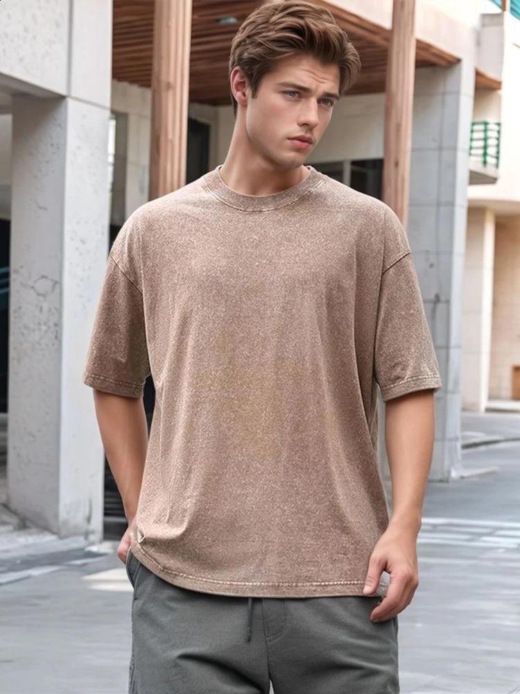 Summer mens washed T-shirt 230G heavy cotton vintage faded oversized unisex basic T-shirt short sleeved loose sports top 250317