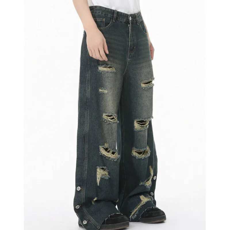 New Mens Wear Hole Heavy Industry Personalized Fashion Versatile Wash Loose Jeans Trend in the US StreetT250319