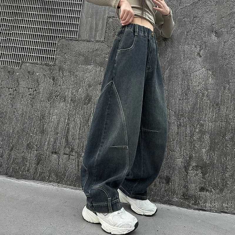 Curved Knife Girl Design Jeans Autumn Loose Casual Elastic Waist Teen Wide Leg Pants Street Clothing Children TrousersT2502320