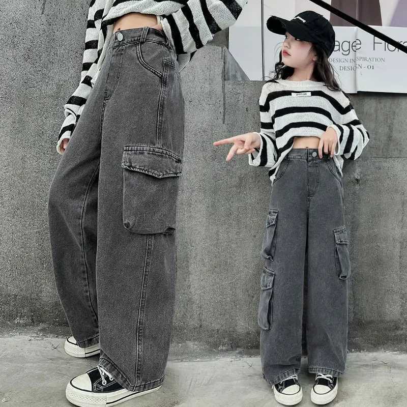 Girls Spring Jeans Large Child Pocket Overalls 2024 New Spring Childrens Fashion Large Child Pants Wide Leg JeansT250326