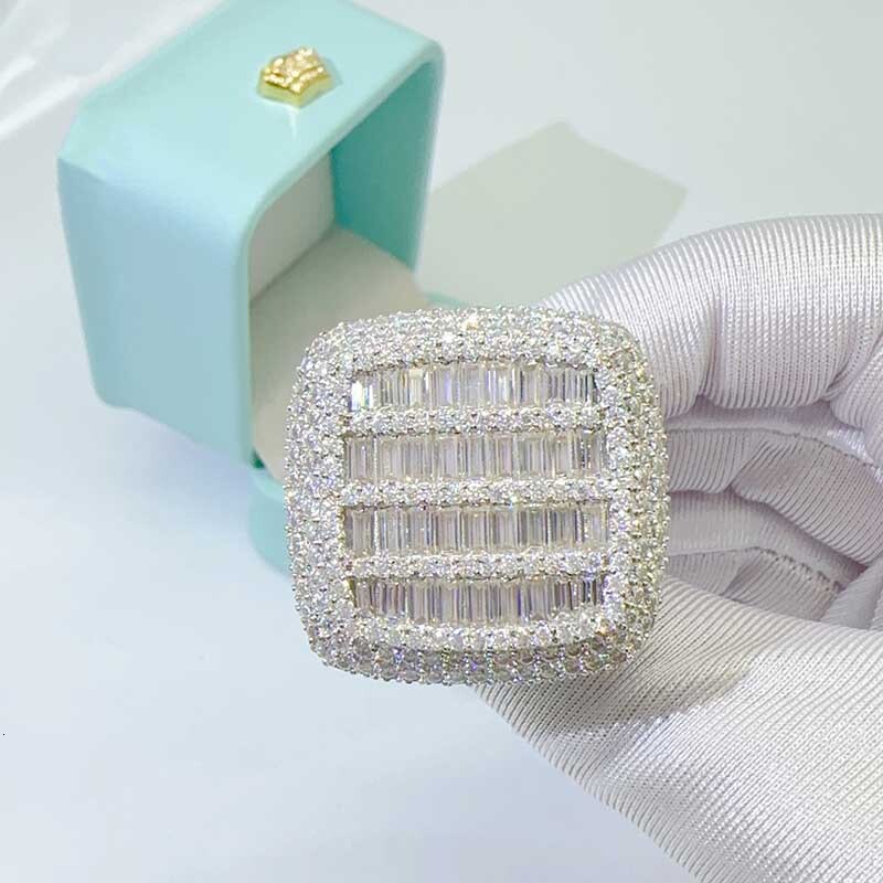 Hiphop Iced D VVS Square Moissanite Ring for Men Women 925 Sterling Silver Full Moissanite Diamond Party Ring Pass Tester Gift