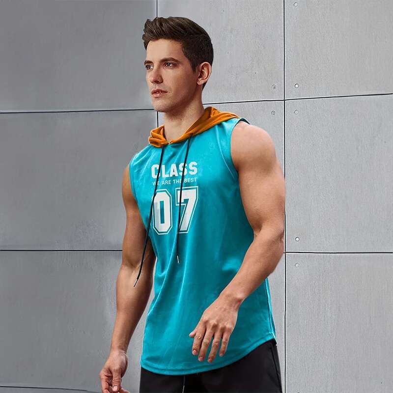 2024 New Men's Sleeveless Hooded Low Shirt Fitness Sports Tops Fashion Casual Hooded Sweat Wide Run Fitness Men Tank Top