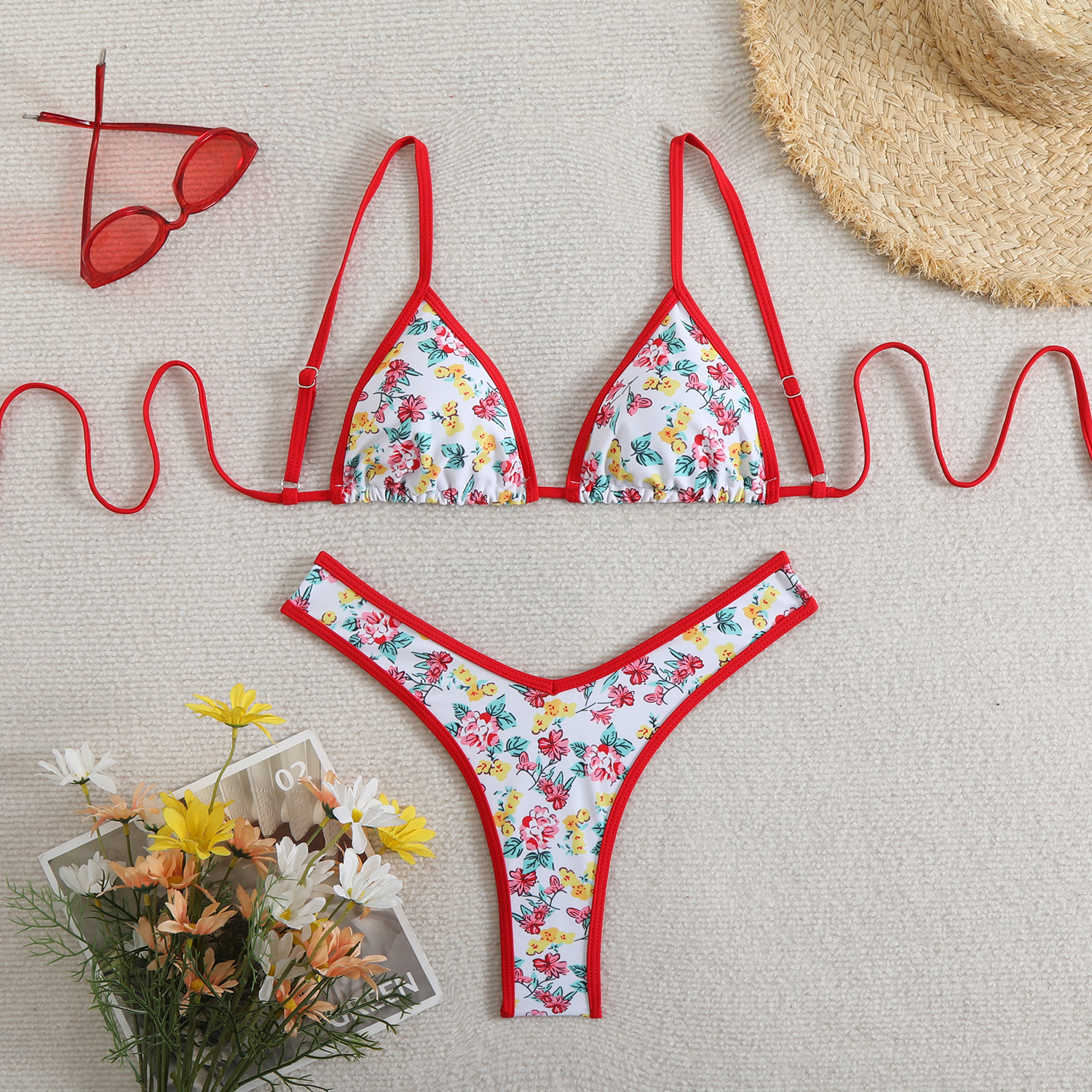 Women Cute Thong Bikini Swimsuit 2025 Triangle Bikinis Set Female Two-piece Swimwear Floral Print Bathing Suits for Summer Beach Brazilian Bathing Sui