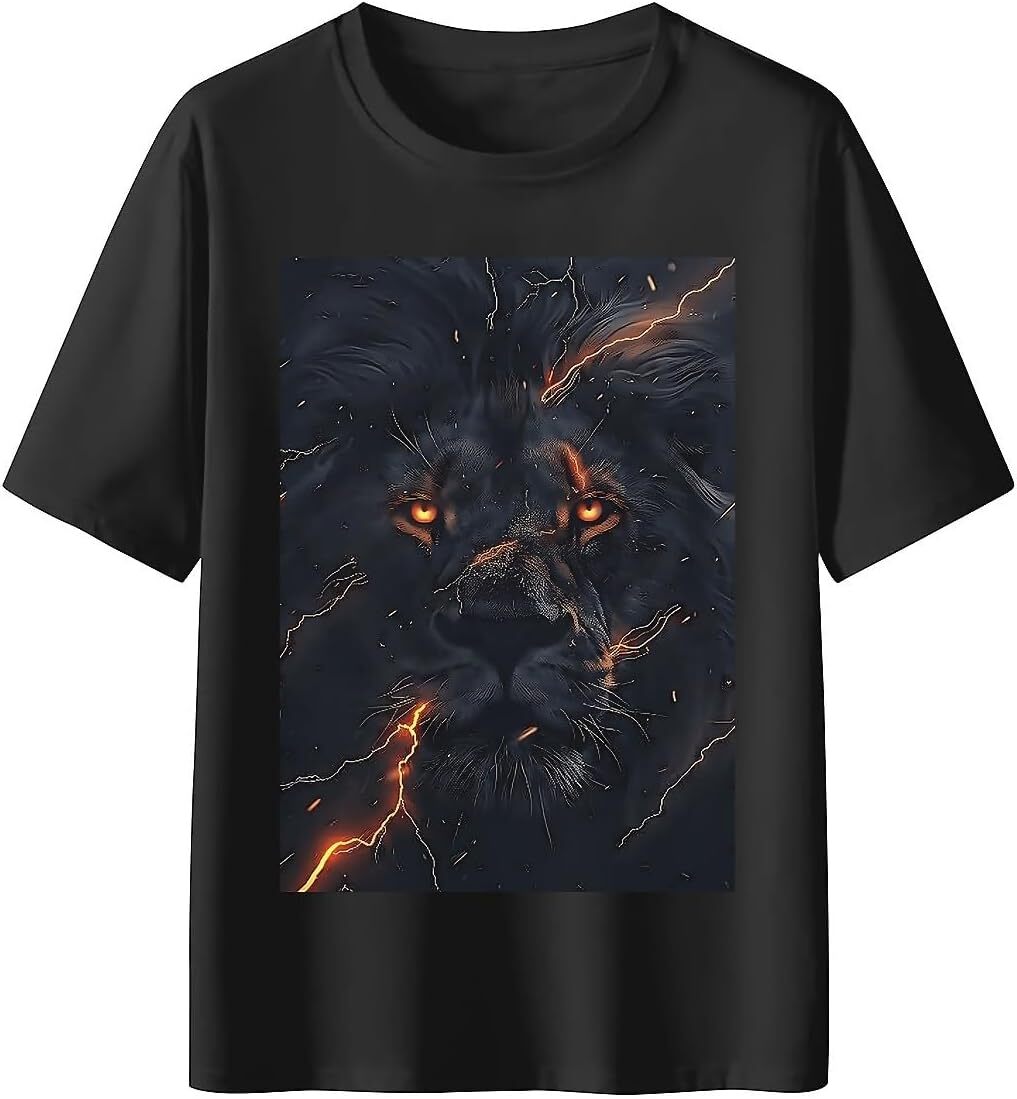T shirt for Mens Mens Novelty T-Shirts Graphic 2D Print Summer Short Sleeve Black Lion Orange Lightning Shirts Tshirt Graphic Tee Casual Tops Clothes 