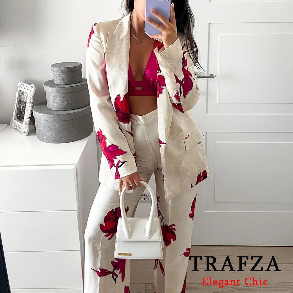TRAFZA Casual Printed Jacket Set Womens Collar Jacket with Pants Spring/Summer Dinner Date Office Party Jacket Set 250317