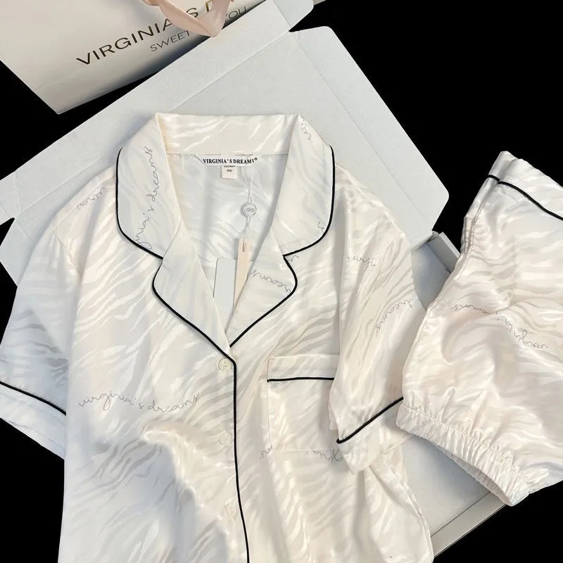 Women Sleepwear Ice Silk Girl Home Wear Cardigan Floral Sweet 2PCS Set Ladies Short Sleeve Shorts Student Pajamas M L Nightwear 250320
