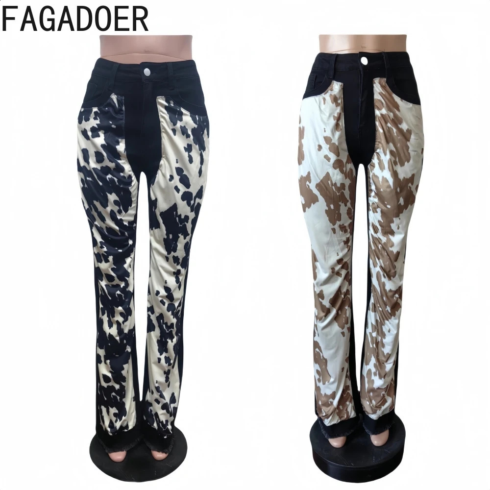 FAGADOER Spring Y2k Fashion Printing Patchwork Denim Pants Women Zipper Buttons Flare Jeans Female Streetwear Bottoms 250319