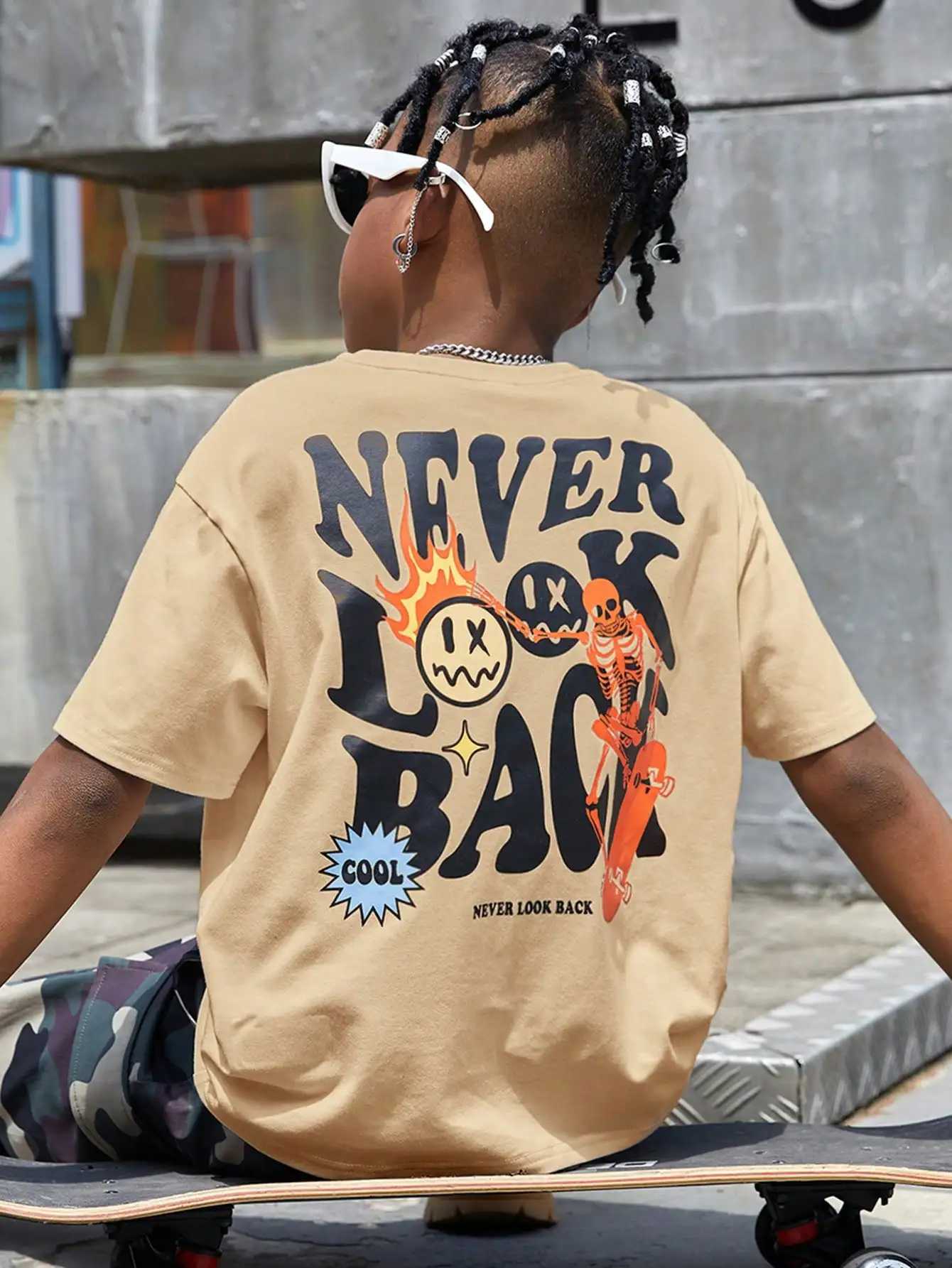 Summer hot selling casual round neck outdoor short sleeved text boy slogan and cartoon face printed T-shirtT250320