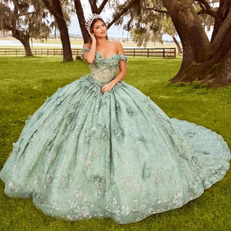Mint Green Quinceanera Dresses Ball Gown Charming Sequin Lace Beaded Flower Tull Corset Off Shoulder Sweet 16 Dress Lace-up Vestidos 15 De Anos