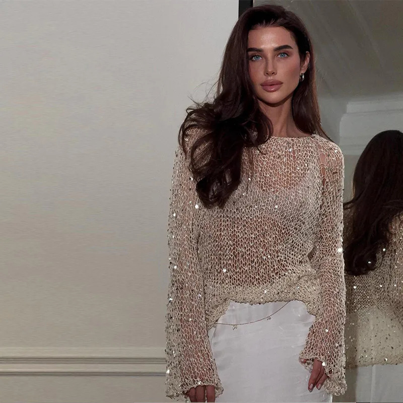 Women Sequins Pullover Hollow Out Knit Top Loose O-neck Long Sleeve Sweater Sweet Sexy Glitter Lady Shirts Spring Sumer 250320