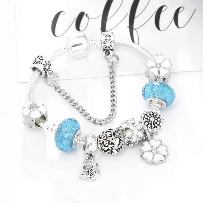 2024 New Flower & Bird Charm Bracelets & Bangle Silver Color Jewelry For Women Fit Crystal Fine Bracelet Jewelry Pulseras