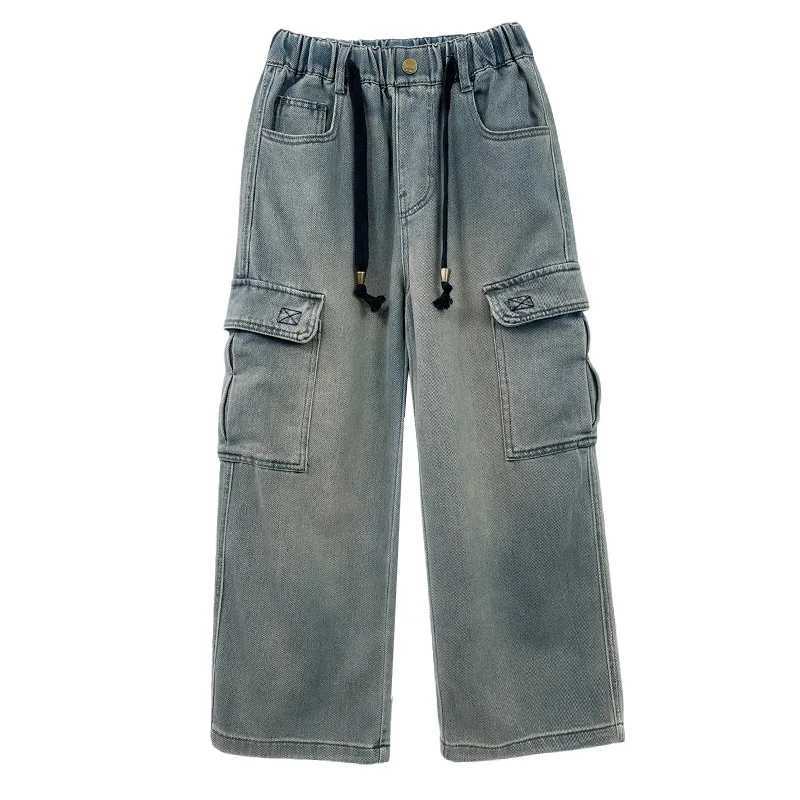 Teen Boys Straight Leg Cargo Jeans New Spring/Autumn Kids Wide Leg Denim Long Pants for Children Loose Pockets Trousers 5 14 YrsT250326