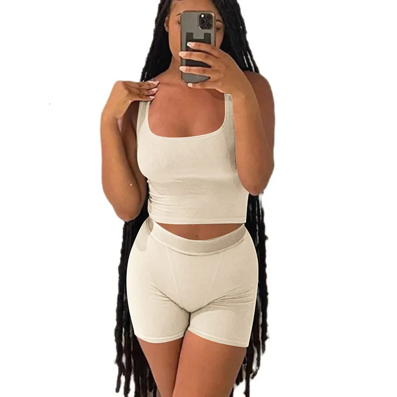 Casual Workout Sets 2 Piece Outfits for Women Ribbed Crop Tank Top High Waist Yoga Shorts Lounge Wear Tracksuit 250320